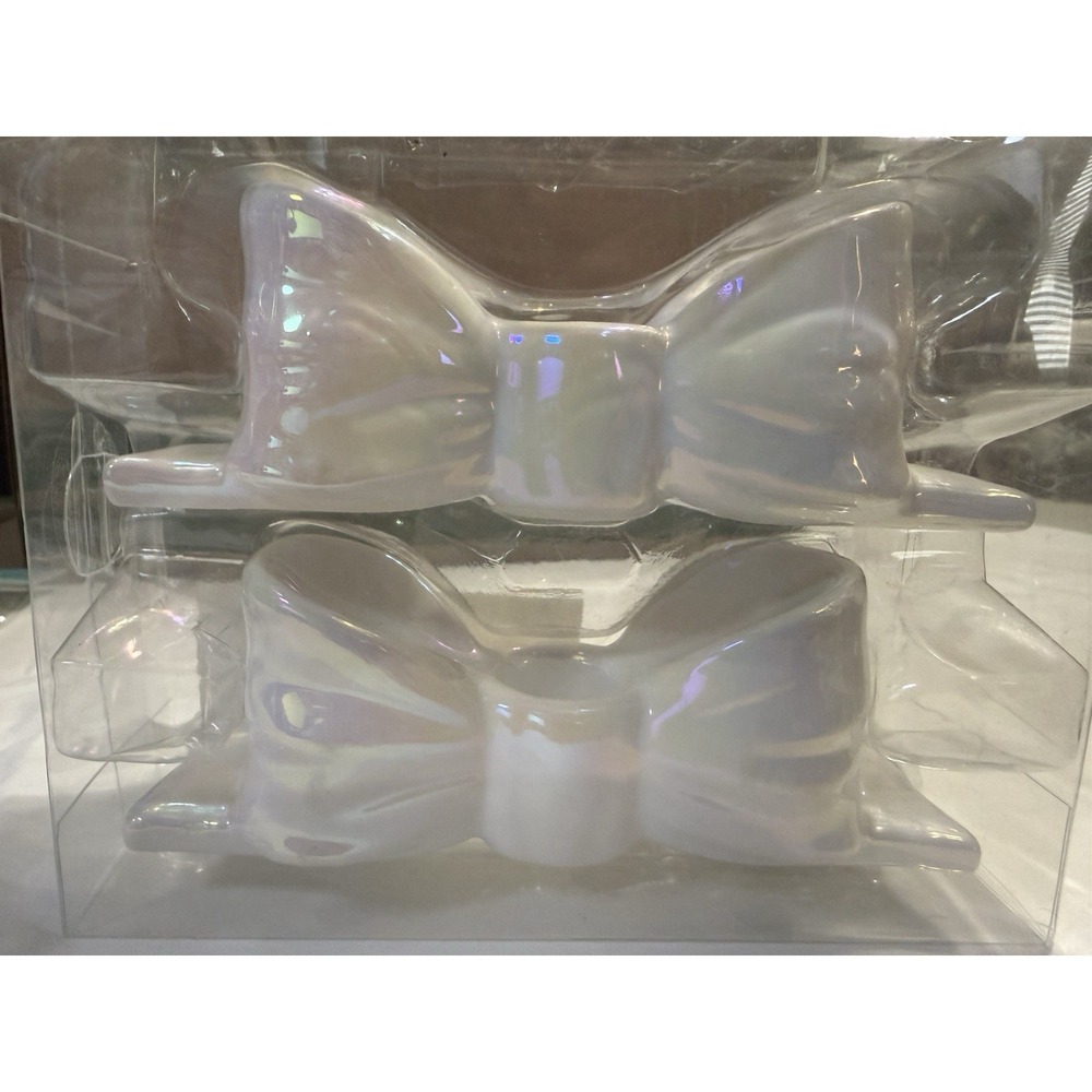 2 Count Ceramic Taper Holders Iridescent White Bow Design Candle Holders NIB